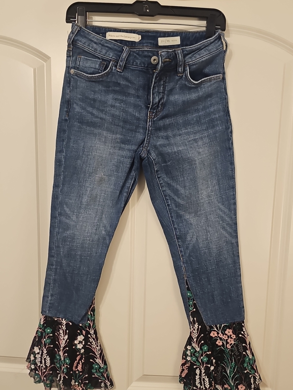 Pilcro and the Letterpress Blue Denim Flare Jeans with Floral Ruffle Hem